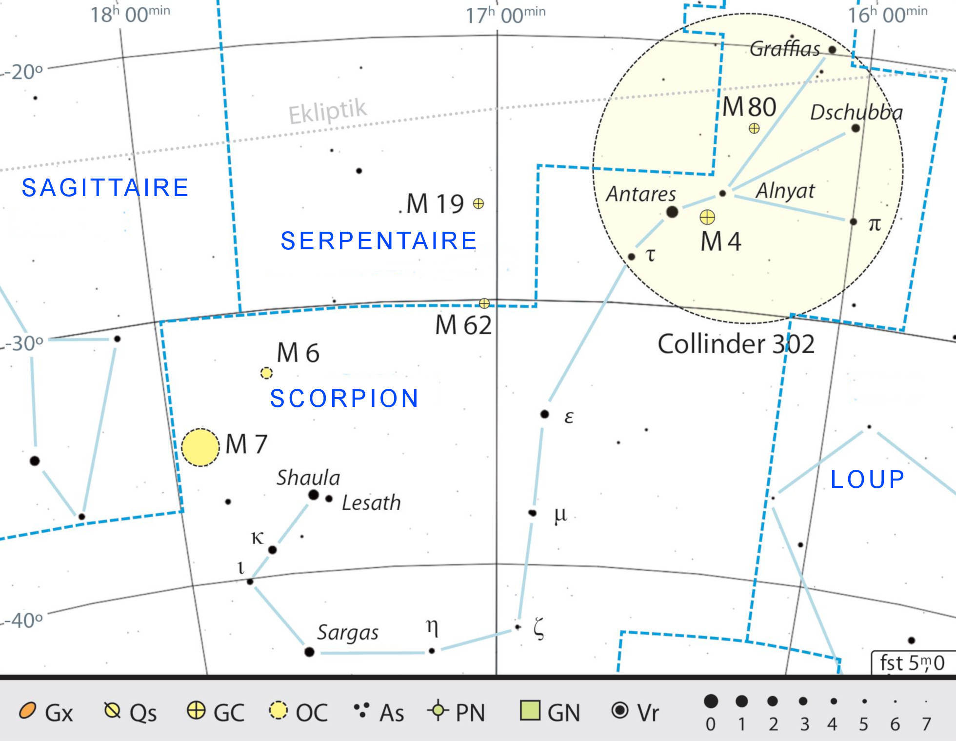 Carte générale de la constellation du Scorpion, avec conseils d’observation. Entouré en rouge, l’amas ouvert d’Antarès. Kai v. Schauroth